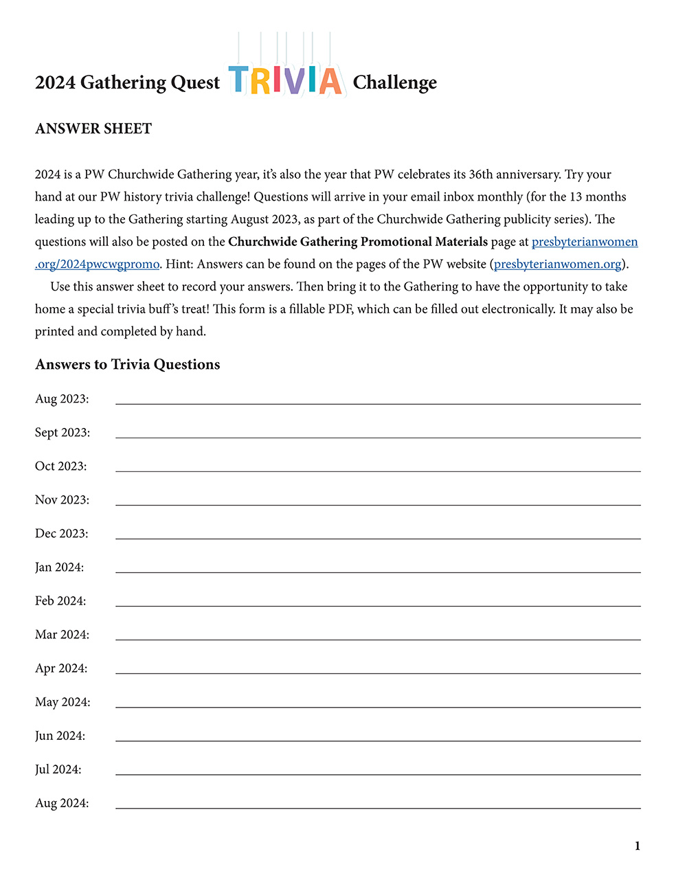 2024 Gathering Quest Trivia Challenge Answer Sheet 